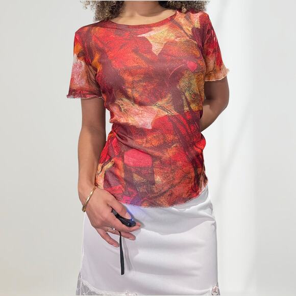 Made in Italy - Vintage 00s euro mesh abstract floral graphic tee (M) - Picture 1 of 9